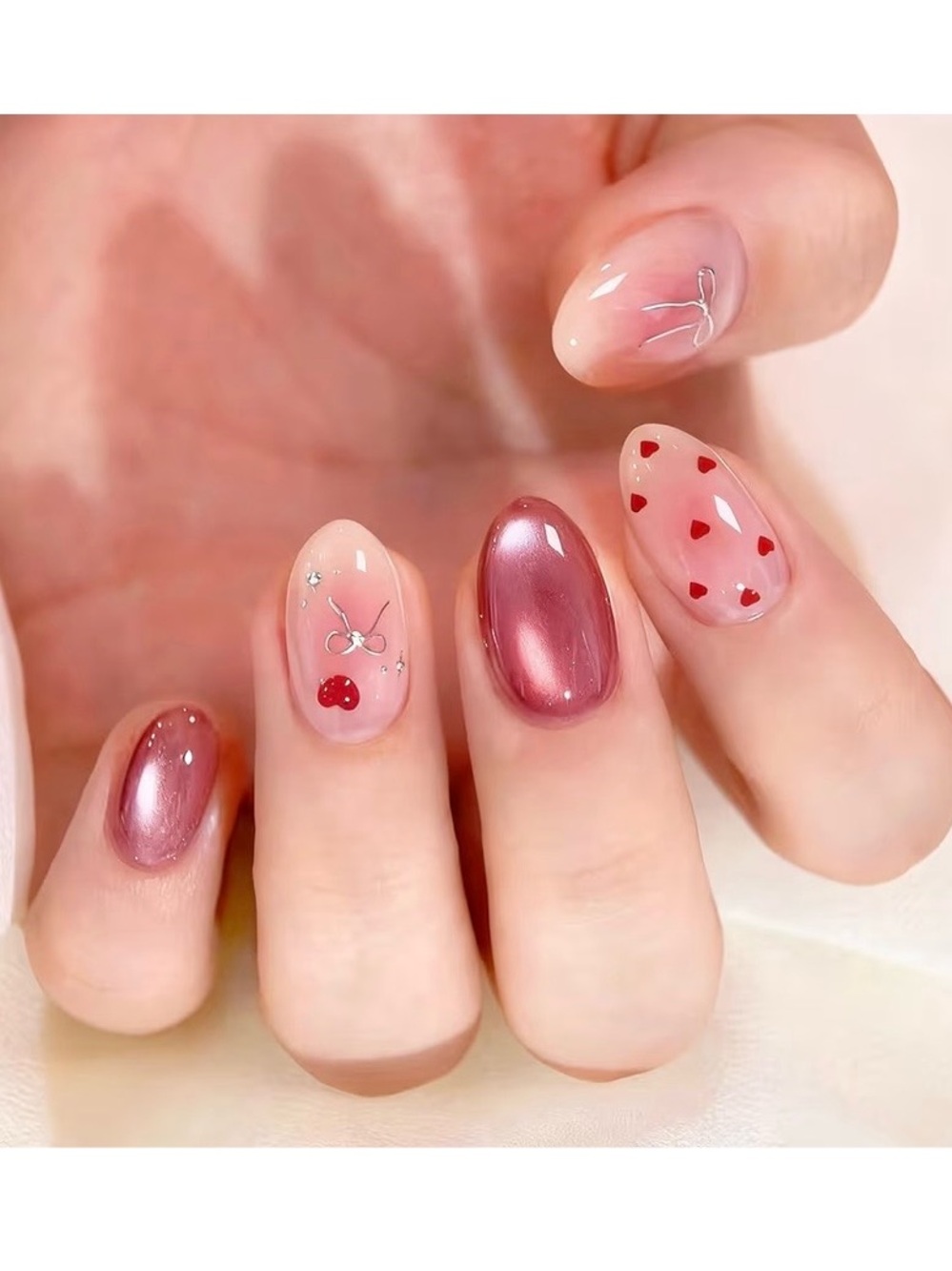 Short Almond Press on Nails Bow Heart & Rhinestone Design Glitter Pink Acrylic